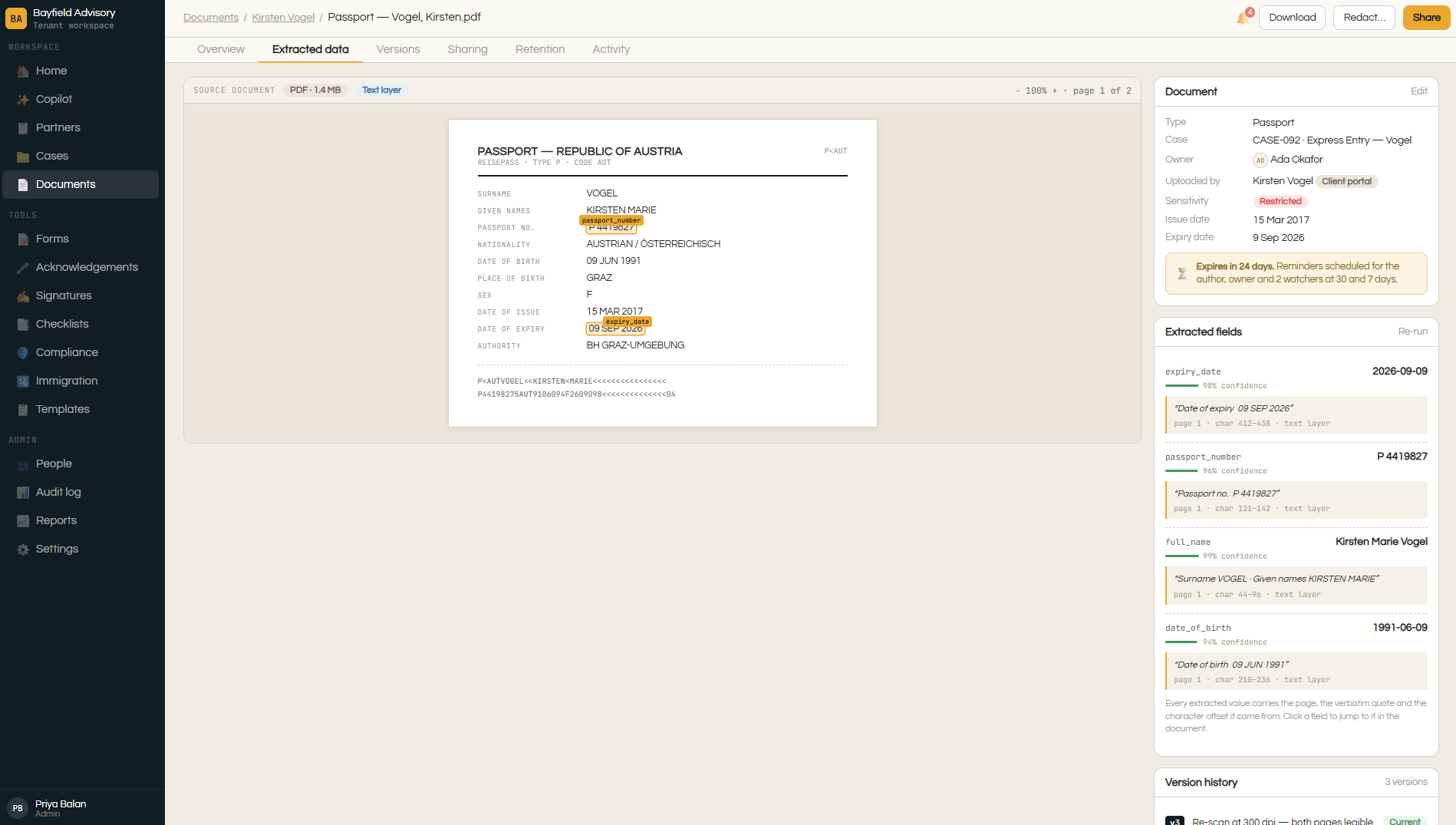 Document detail with version history and extracted fields