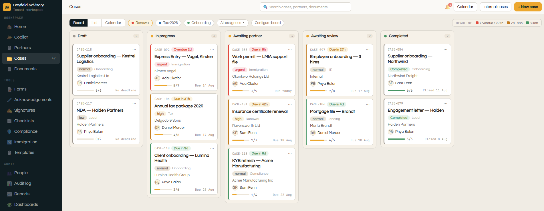 Case Kanban board with colour-coded deadlines