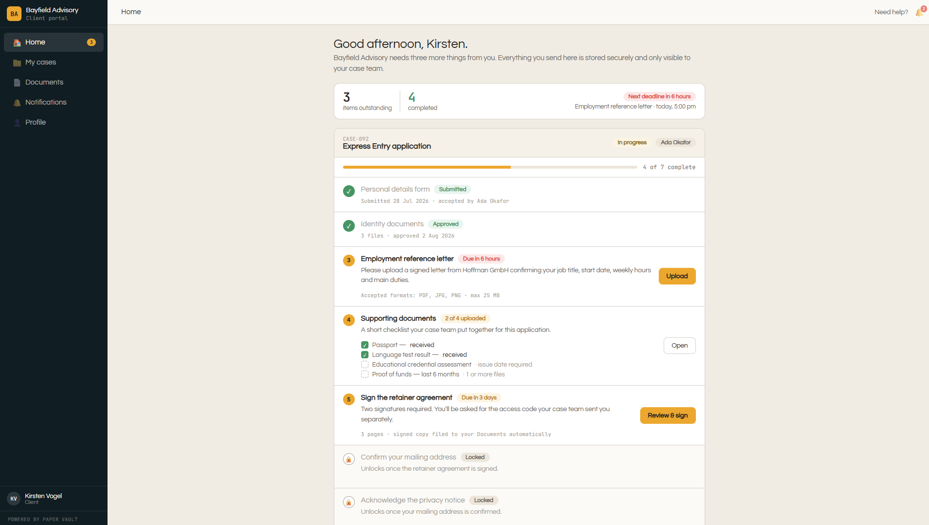 Client portal checklist of outstanding items