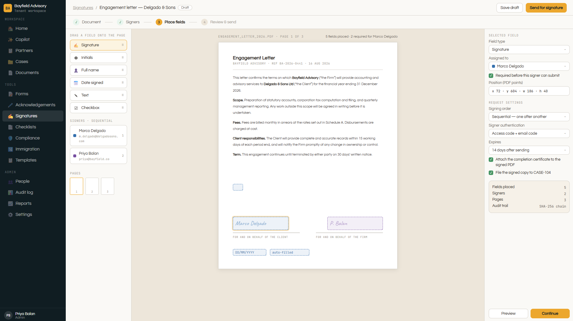 Signature builder with field placement on a PDF